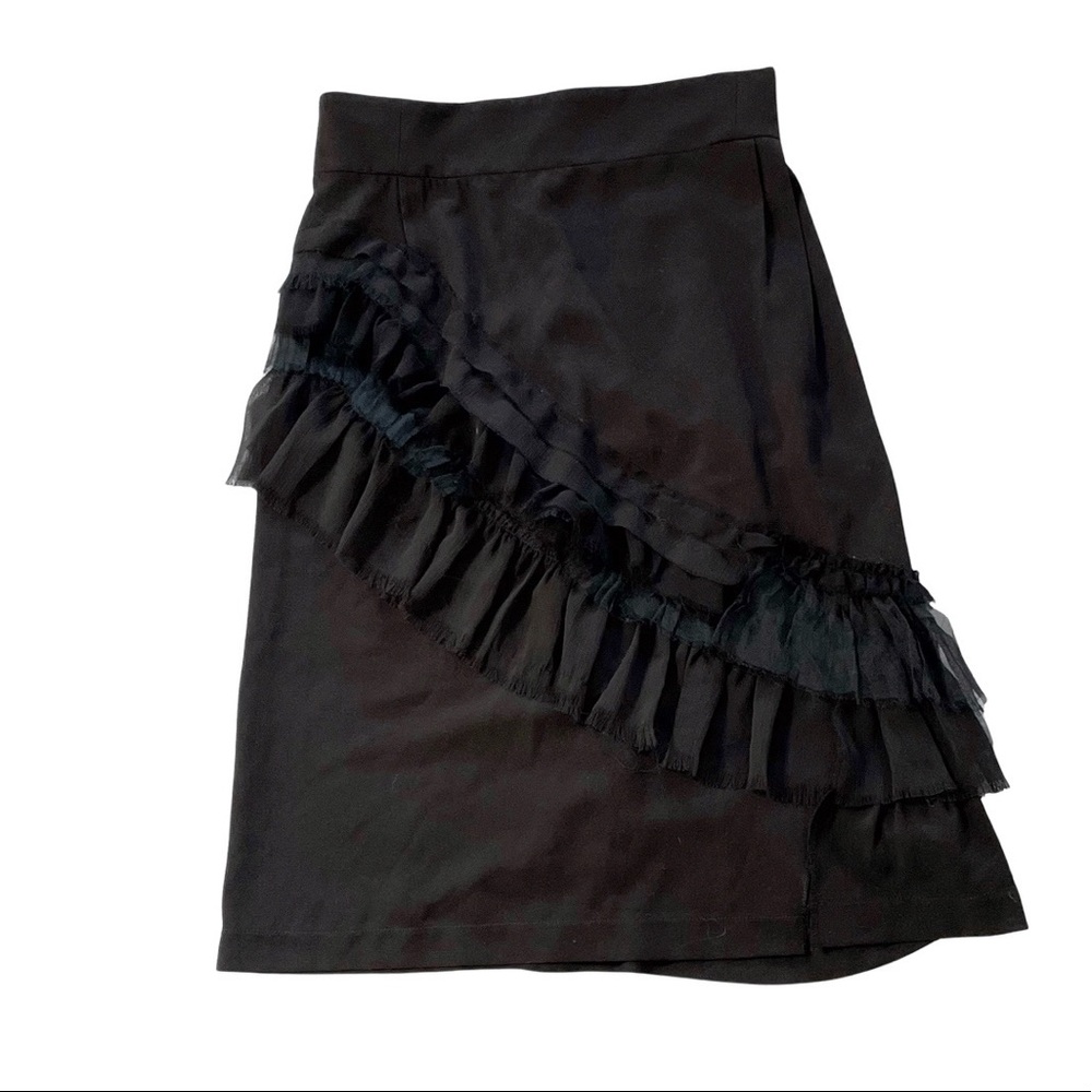 Nina Ricci vintage skirt black silk with ruffle detail pencil style